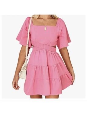 Shy Velvet Dress Womens L Crossover Cut Out Waist Mini Summer Square Neck Pink